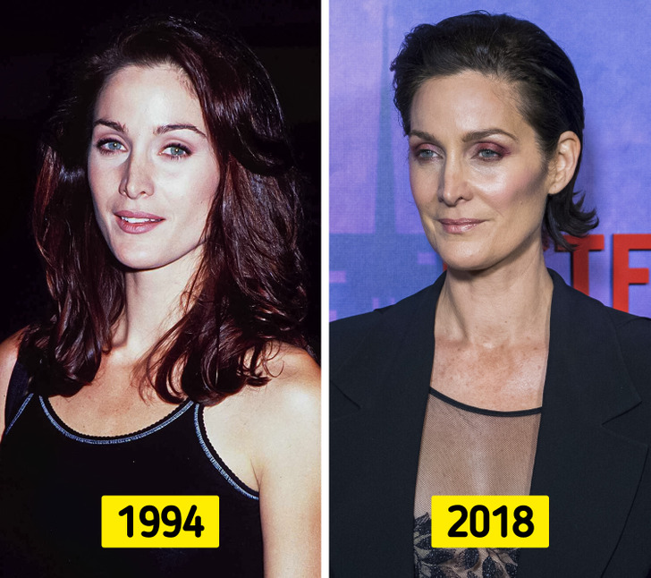 Side by side comparison of Carrie-Anne Moss in 1994 and 2018, wearing black.