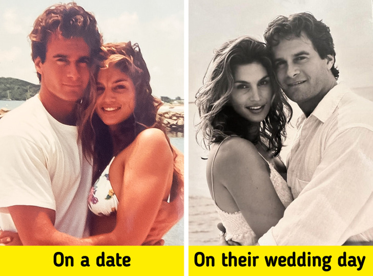 Cindy Crawford and Rande Gerber hugging each other on a beach on a date and their wedding day.