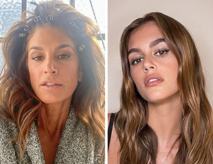 Side by side close-up of Cindy Crawford and her daughter Kaia Gerber.