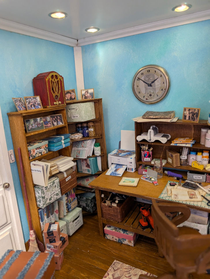 A Mom Who Built Her Own Sewing Room at 1:12, Down to the Tiny Family Photos