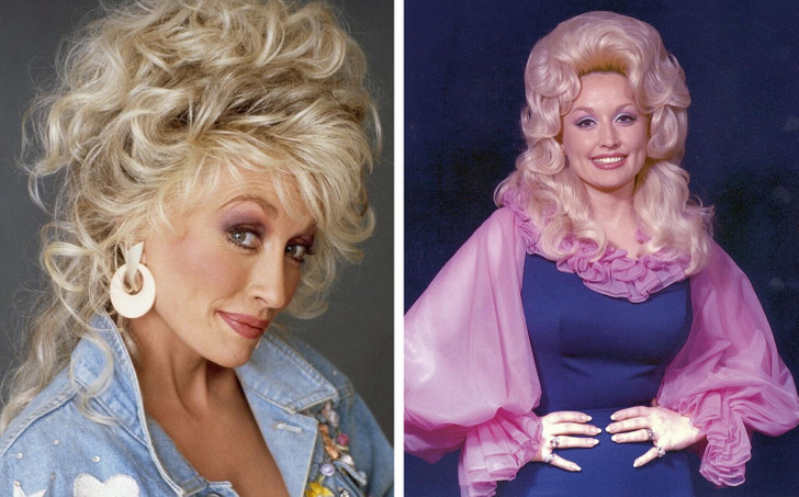 A collage of singer Dolly Parton's current photo and from her younger days.