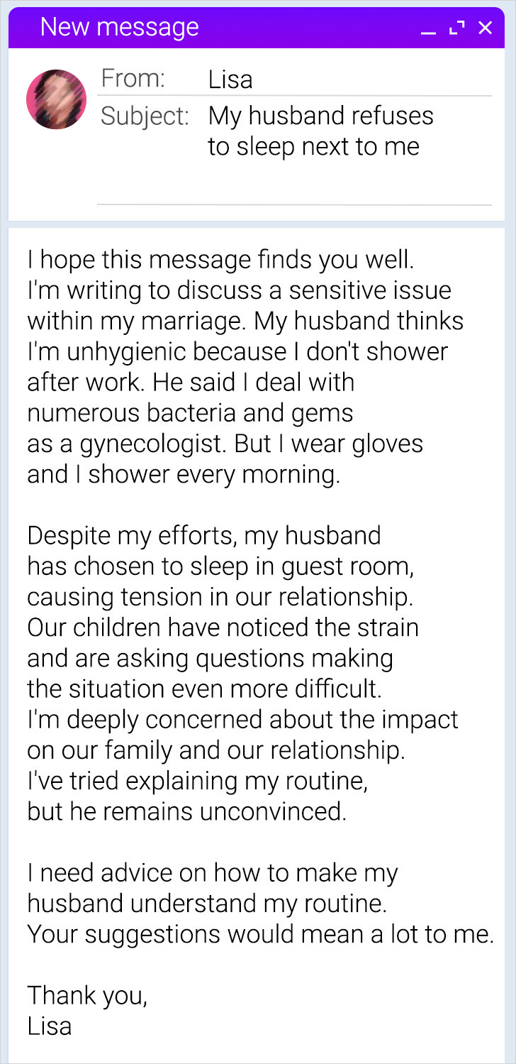 A message from a woman saying her husband doesn't sleep with her as she doesn't shower after work.