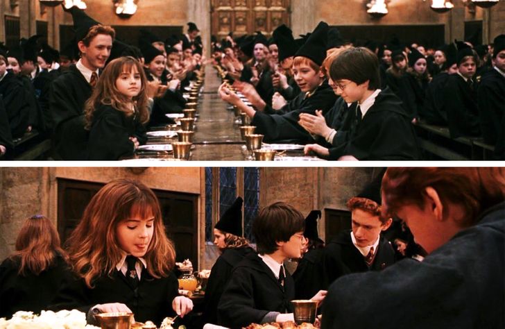 Setelah diurutkan ke Gryffindor, Harry duduk di sebelah Ron. Tapi di foto berikutnya, kita bisa melihat dia duduk di sebelah Hermione di sisi lain meja