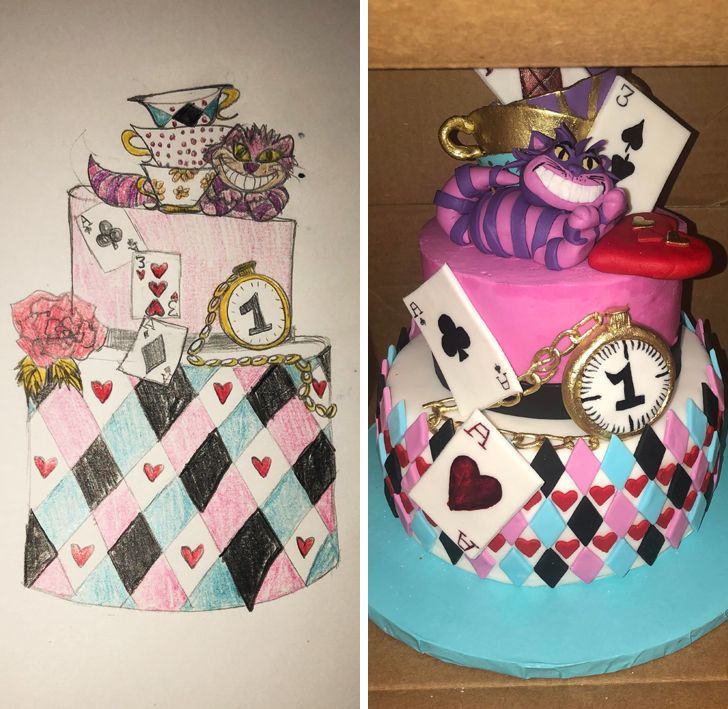 A sketch of a Alice in Wonderland cake and the real one already mande on the side.
