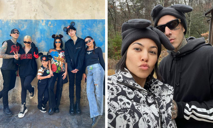 Group photo of Travis Barker, Kourtney, and kids in sunglassess. A selfie of the couple pouting.