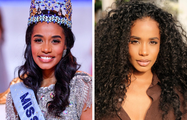 A brunette Miss wearing her crown and a silver dress on the left and, on the right, the same woman but with curly hair and casual clothes.