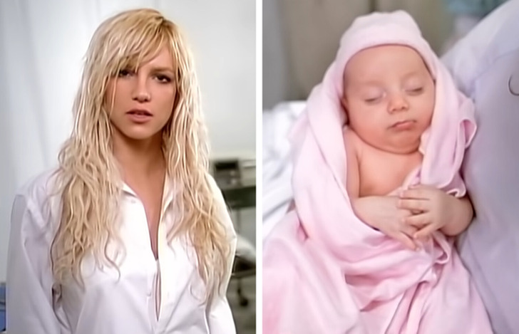 Britney Spears in a white shirt, and a baby from the music video of her song "Everytime".