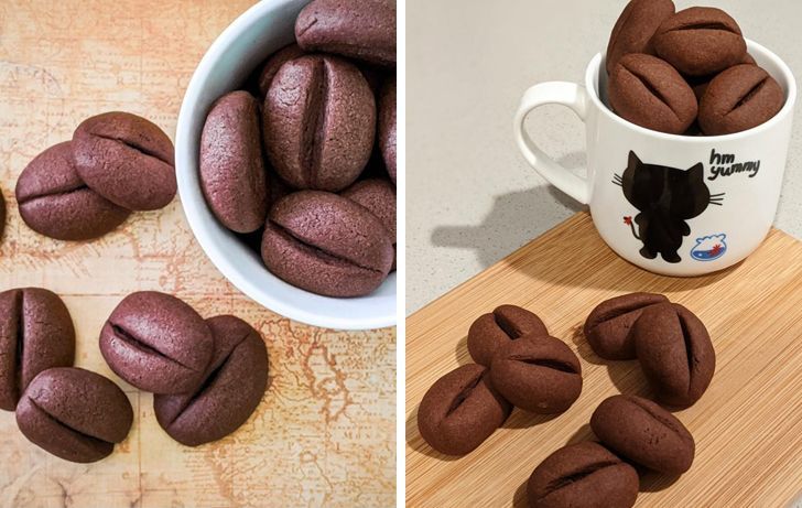 A side by side comparison of coffee beans cookies, both looking perfect.