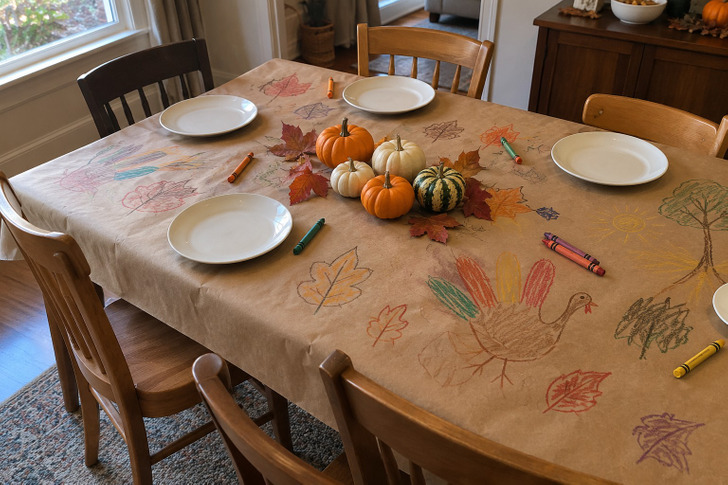 A Paper Tablecloth and a Cup of Crayons for the Kids