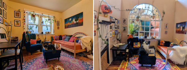 A Living Room at Miniature Scale, With the Real Cat for Comparison