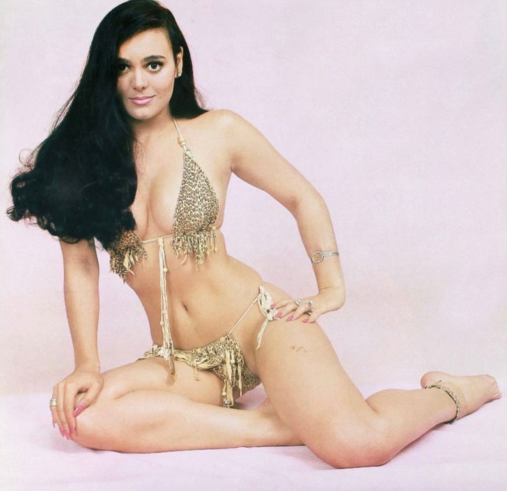 A brunette model posing in a cheetah print bikini.