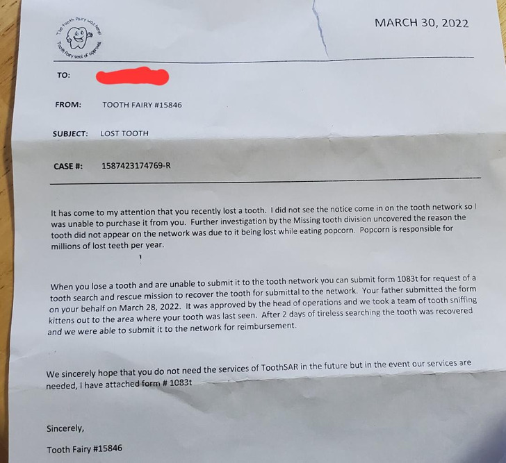 A Lost Lost Tooth and an Official Form From Tooth Fairy #15846