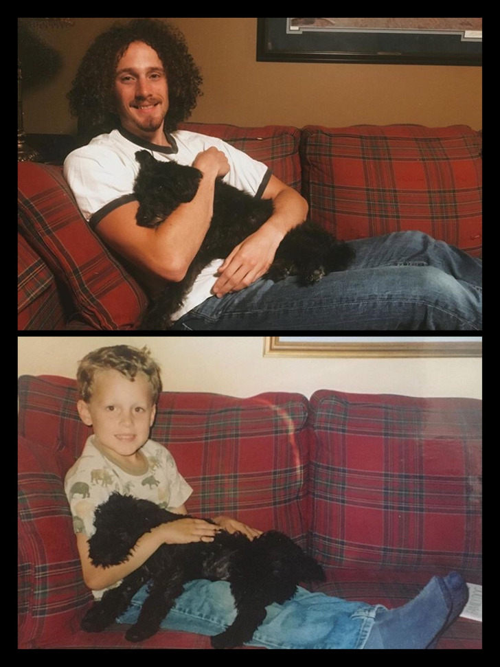 Same Boy, Same Dog, Same Couch, 16 Years Apart