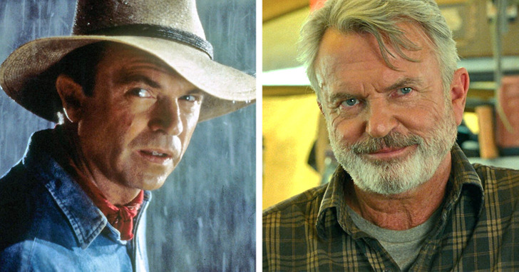 Side by side photos of Sam Neill on the first Jurassica Park and the last one.