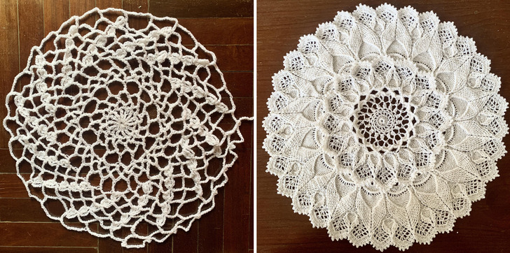 A First Doily and the Latest One, 10 Years and a Dozen Doilies Apart