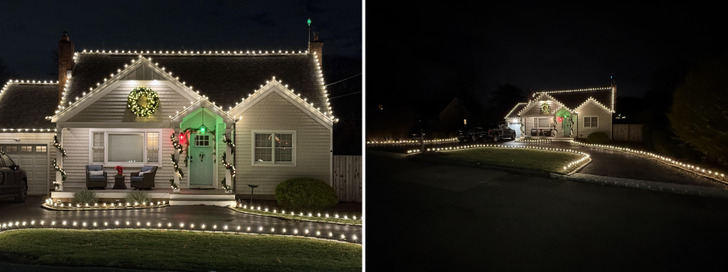 400 Warm White Bulbs and a Star Above the Chimney in a First Year With Commercial-Grade Lights