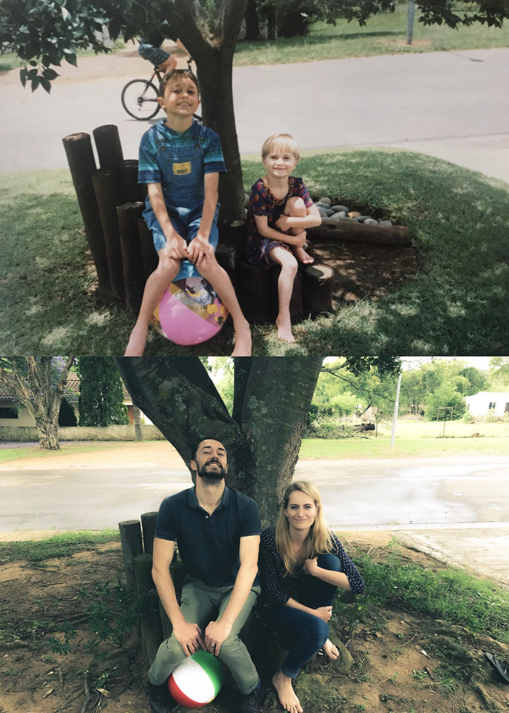 A Brother and Sister Found the Same Poles Outside Their Childhood Home and Retook Their Photo 22 Years Later