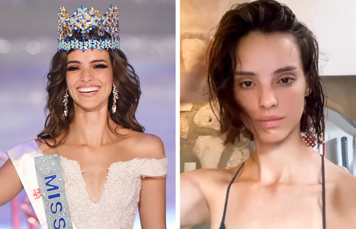 A brunette Miss wearing her crown and white dress on the left, and on the right, the same woman in a make-up free selfie.