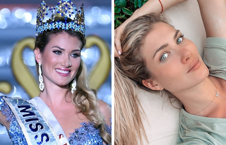 A blonde Miss wearing her bejeweled crown and earrings on the left, and the same woman on the right in a make-up free selfie.