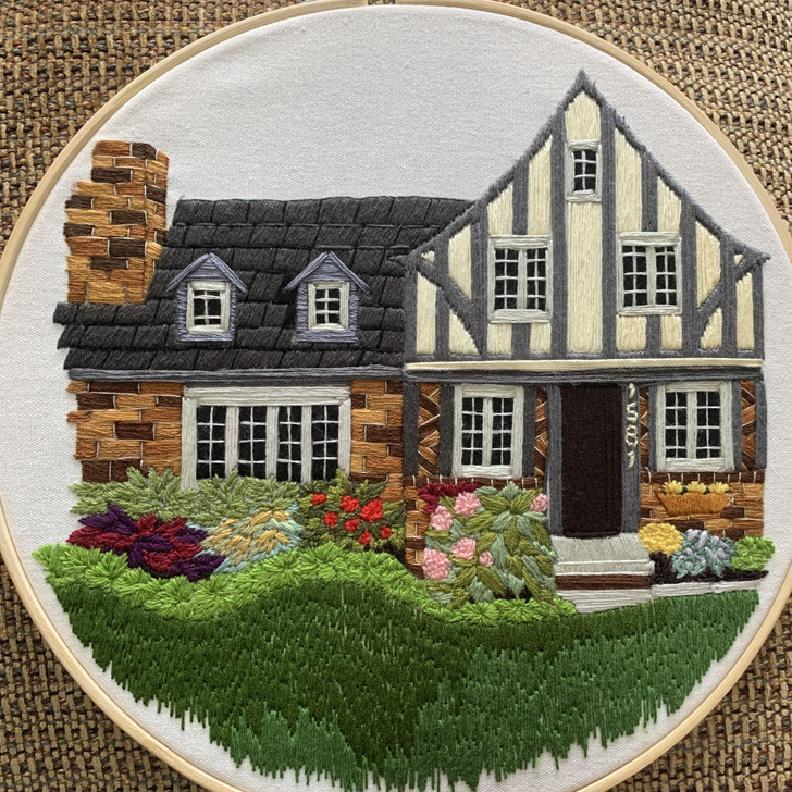 Parents' House on a 12-Inch Hoop, Sketched on Graph Paper and Stitched for 100 Hours