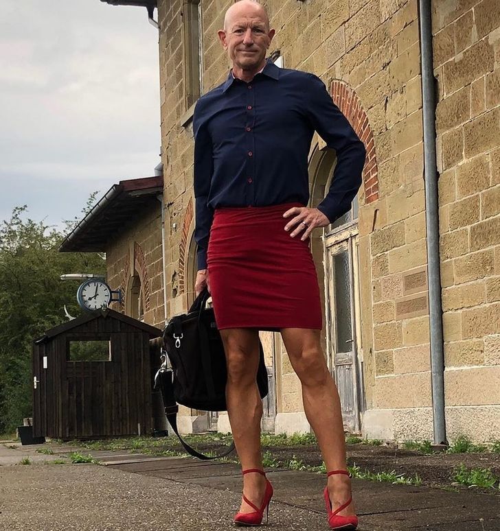 man in red heels