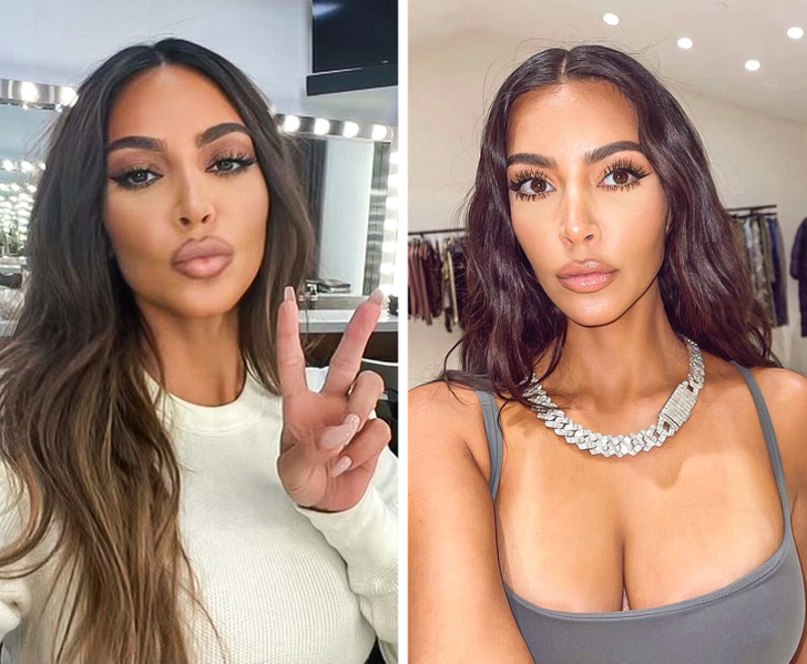 Two close ups of Kim Kardashian in the dressing room.