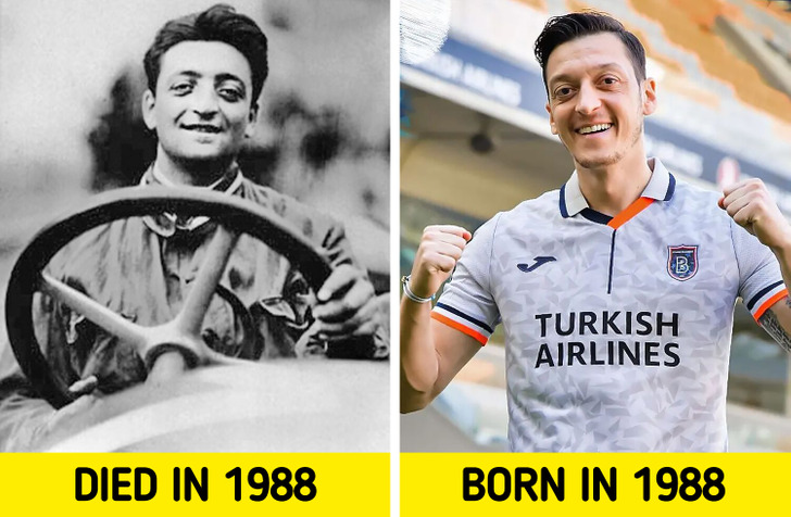 FUN FACT: Enzo Ferrari(left), founder of Ferrari, died in 1988. Mesut Özil,  footballer, was born in 1988. Exactly three months after Ferrari died,  Mesut Ozil, the footballer was born in another country.