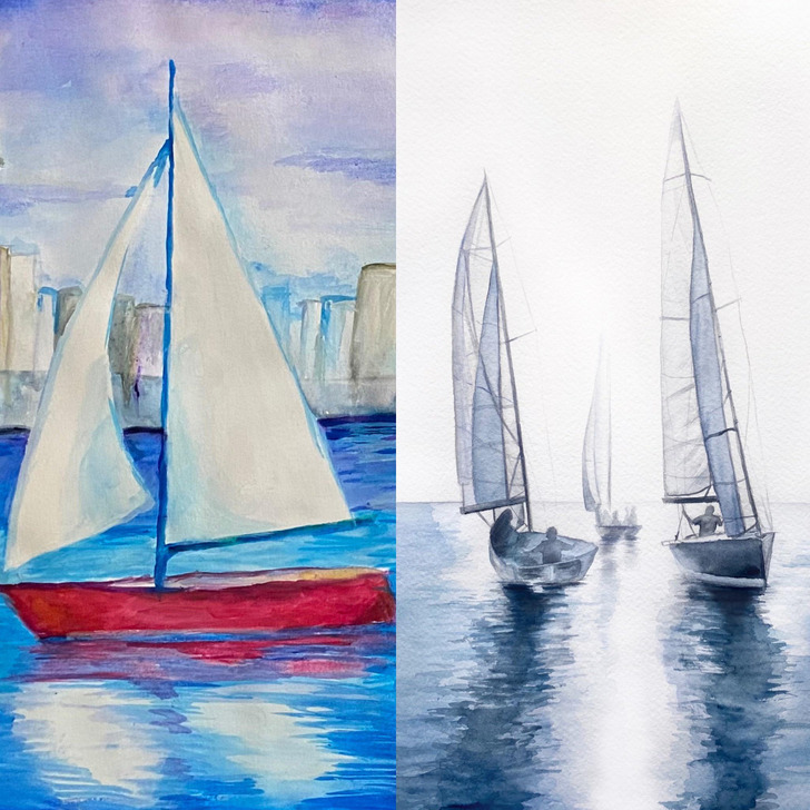 A Very First Watercolor Next to a Painting From a Year Later