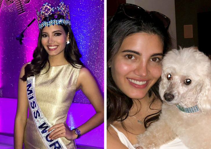 A brunette Miss World wearing her crown and golden dress on the left, and on the right, the same woman taking a selfie with her dog.