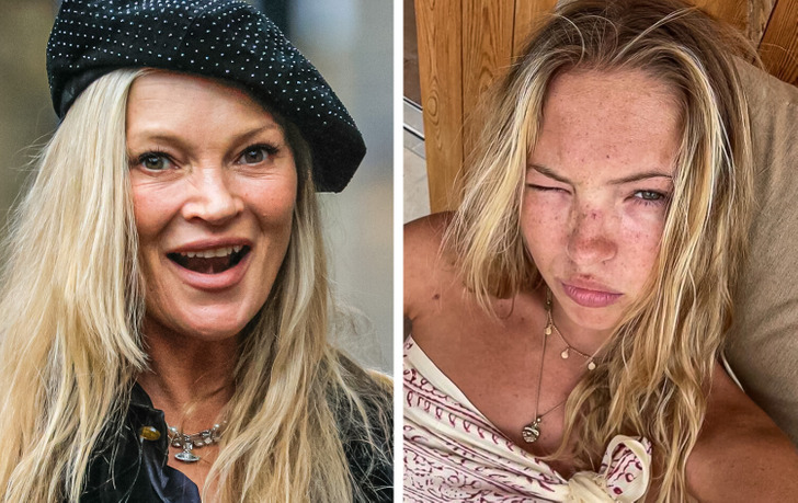 Side by side close-up of Kate Moss and her daughter Lila Moss.