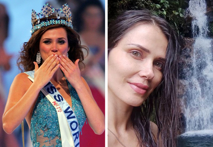 Miss Peru wearing her crow of Miss World and a blue sequin dress on the left and, on the right, a selfie of her in the current days.