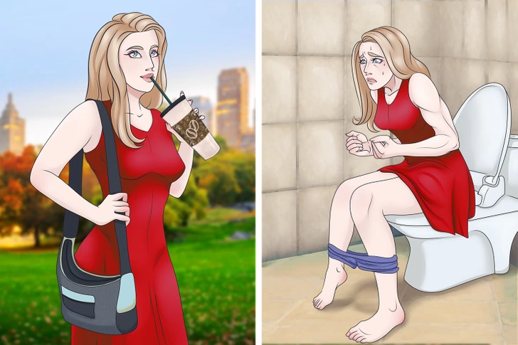 A young woman in red dress sipping coffee outside then sitting on a toilet seat worried.