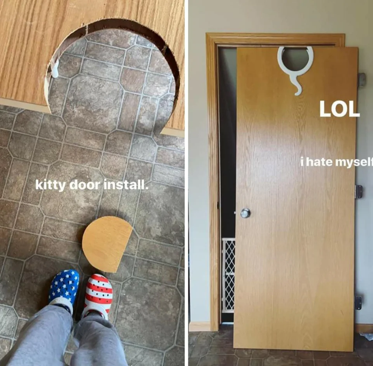 Side by side pictures of a cat door installation.