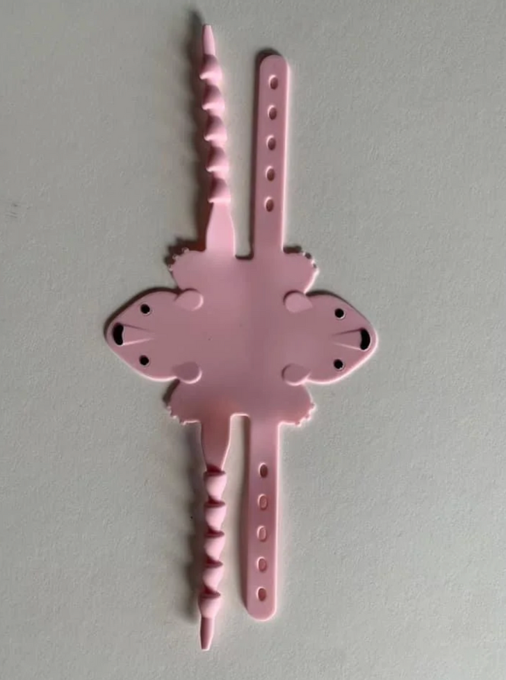 A pink rubber bracelet-like object with a bear design.
