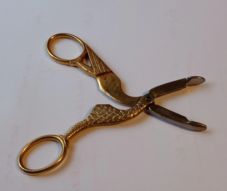 Closeup of a pair of scissors, gold in color, a bird and its feathers engraved on it.