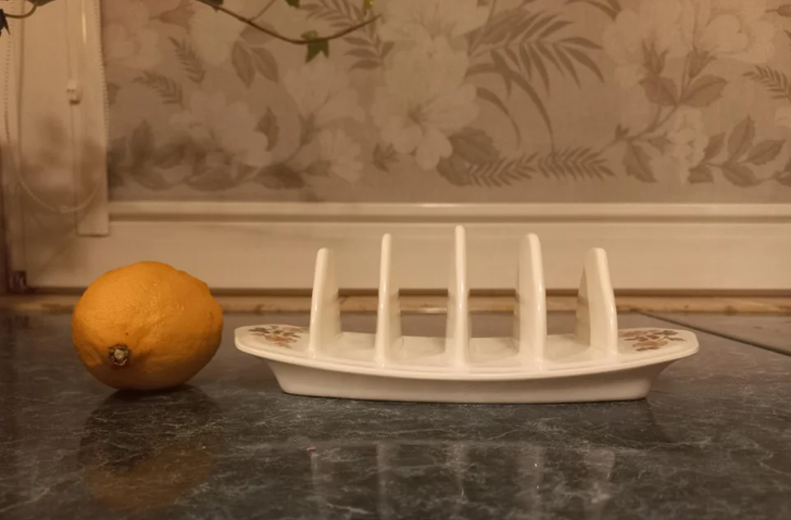 A white dish with five racks beside an orange.