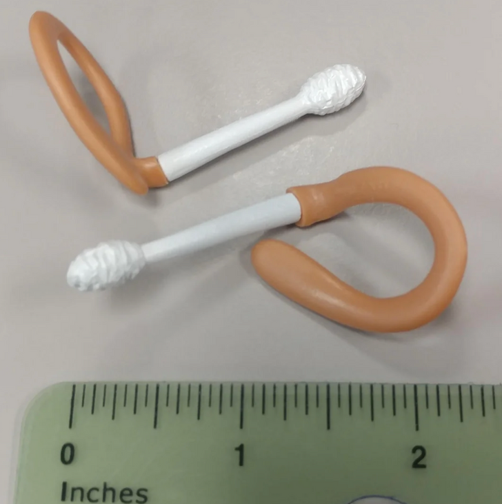 A pair plastic strap on cotton swabs and a green ruler.